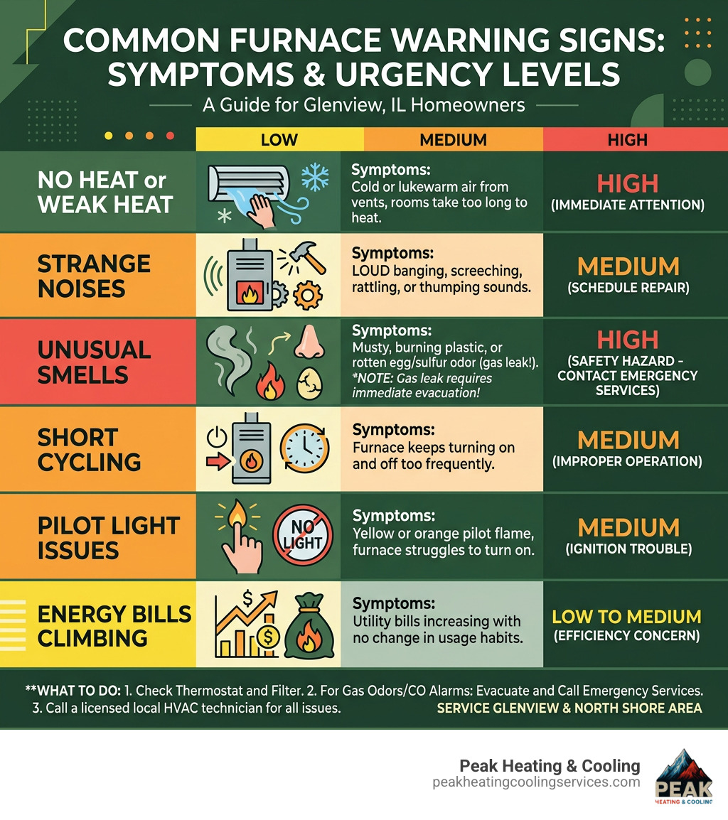 Common furnace warning signs infographic for Glenview IL homeowners with symptoms and urgency levels - furnace repair