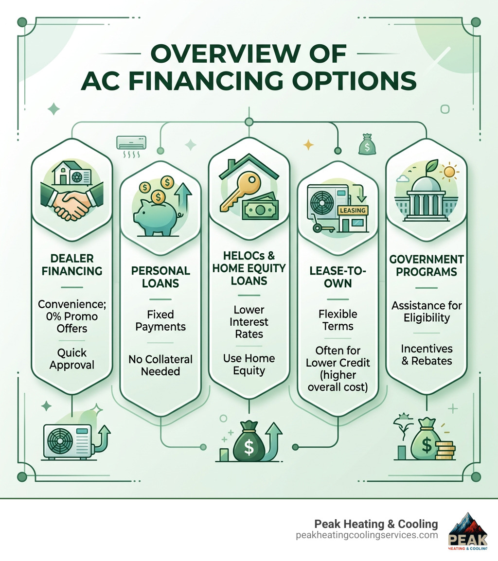 Overview infographic of AC financing options including personal loans, dealer financing, HELOCs, lease-to-own, and Overview infographic of AC financing options including personal loans, dealer financing, HELOCs, lease-to-own, and