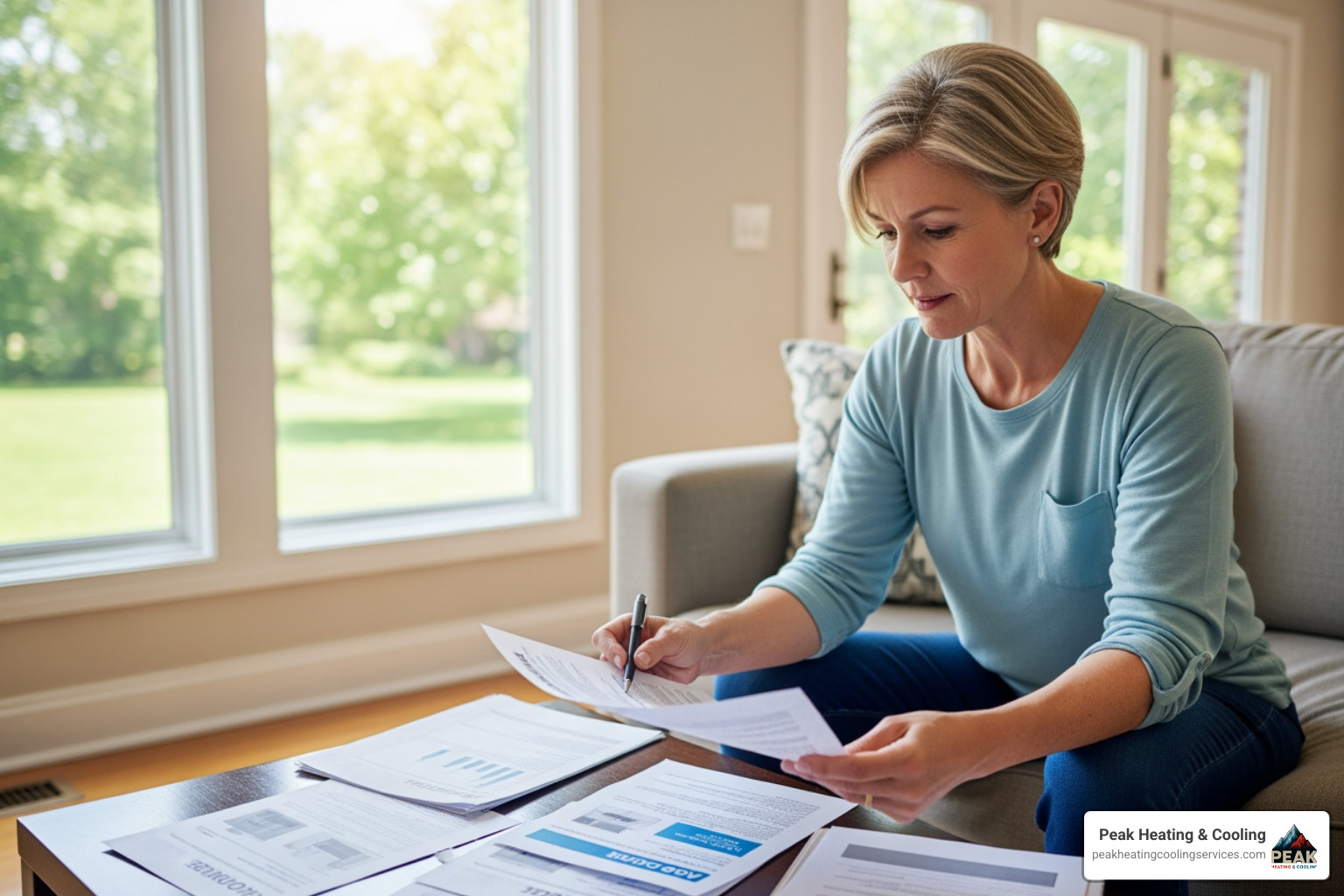 Homeowner in a bright Glenview living room reviewing financial documents and AC quotes - ac financing options Homeowner in a bright Glenview living room reviewing financial documents and AC quotes - ac financing options