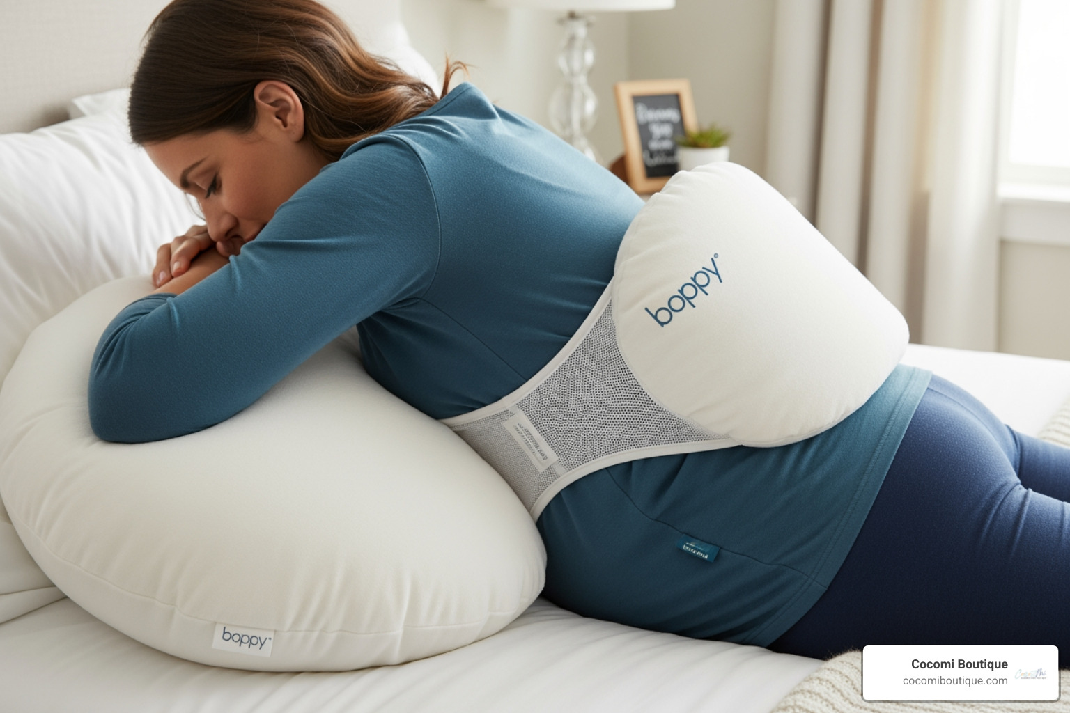 The Boppy stay-put design featuring connected pillows for back and bump support - boppy pillow pregnancy