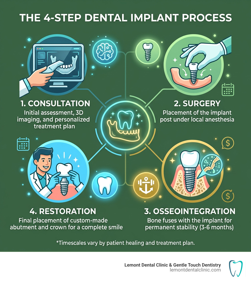 Graphic explaining the 4-step dental implant process: Consultation, Surgery, Osseointegration, and Restoration - dental