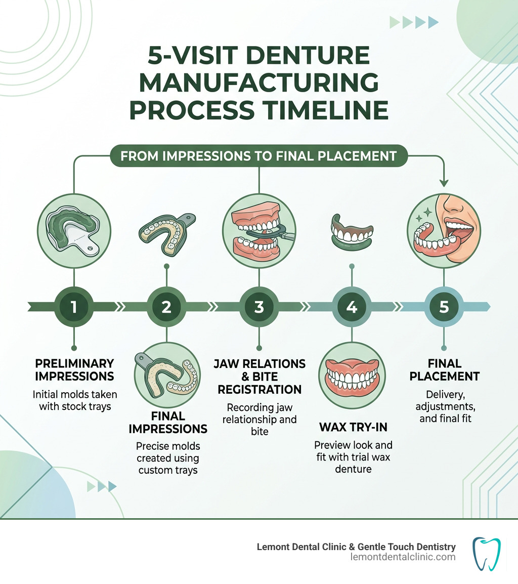 5-visit denture manufacturing process timeline infographic from impressions to final placement - Denture manufacturing 5-visit denture manufacturing process timeline infographic from impressions to final placement - Denture manufacturing