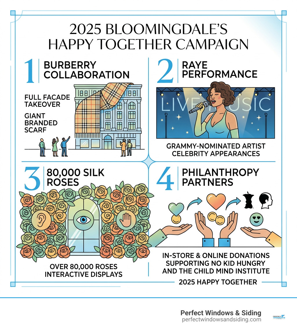 Infographic showing 2025 Bloomingdale's Happy Together campaign: Burberry collaboration, RAYE performance, 80,000 silk