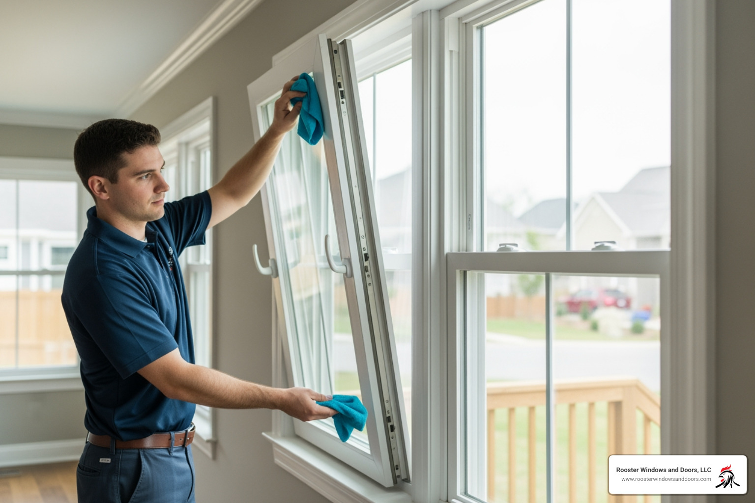 Professional showing how sashes tilt inward for easy interior cleaning - Modern double hung windows Professional showing how sashes tilt inward for easy interior cleaning - Modern double hung windows
