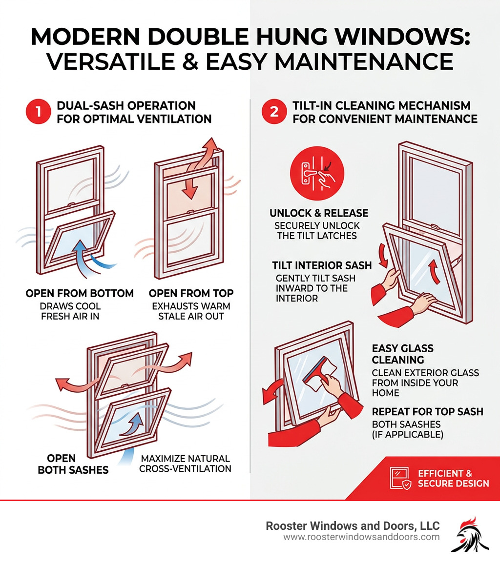 Infographic showing dual-sash operation and tilt-in cleaning mechanism of double hung windows - Modern double hung windows Infographic showing dual-sash operation and tilt-in cleaning mechanism of double hung windows - Modern double hung windows