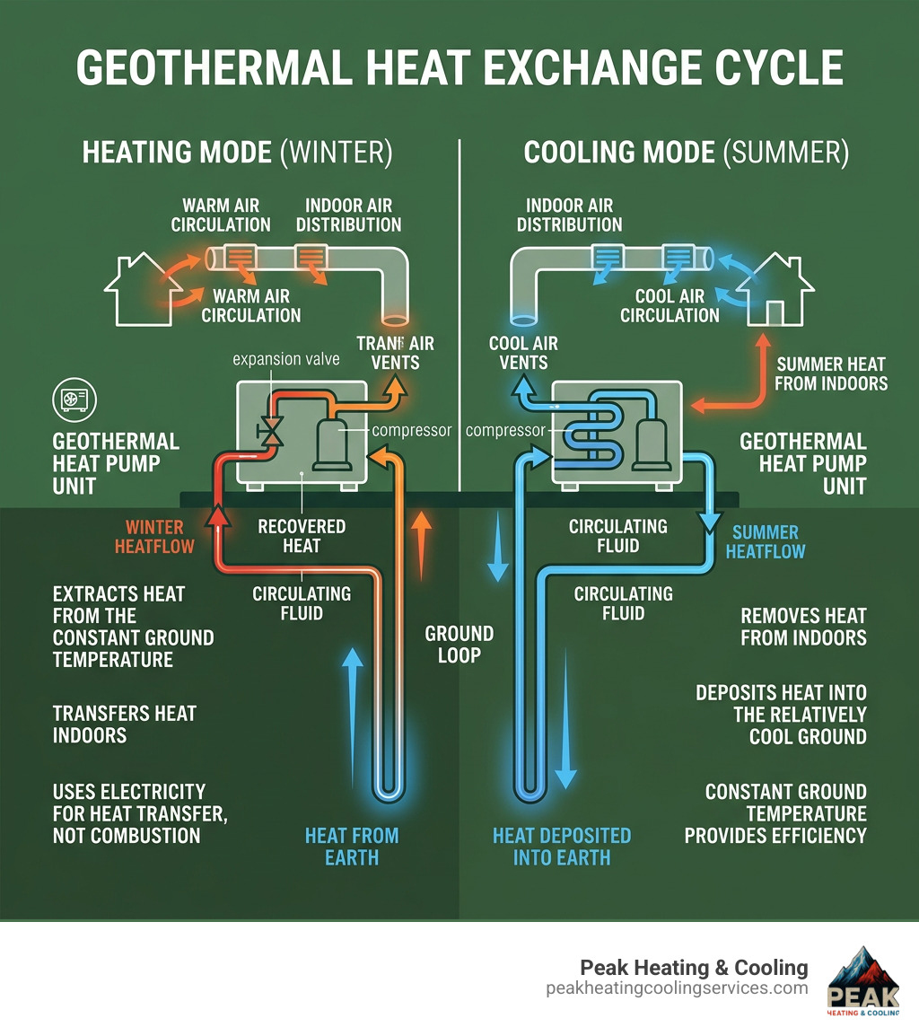 Geothermal heat exchange cycle infographic showing heating and cooling modes, ground loop, heat pump unit, and indoor air