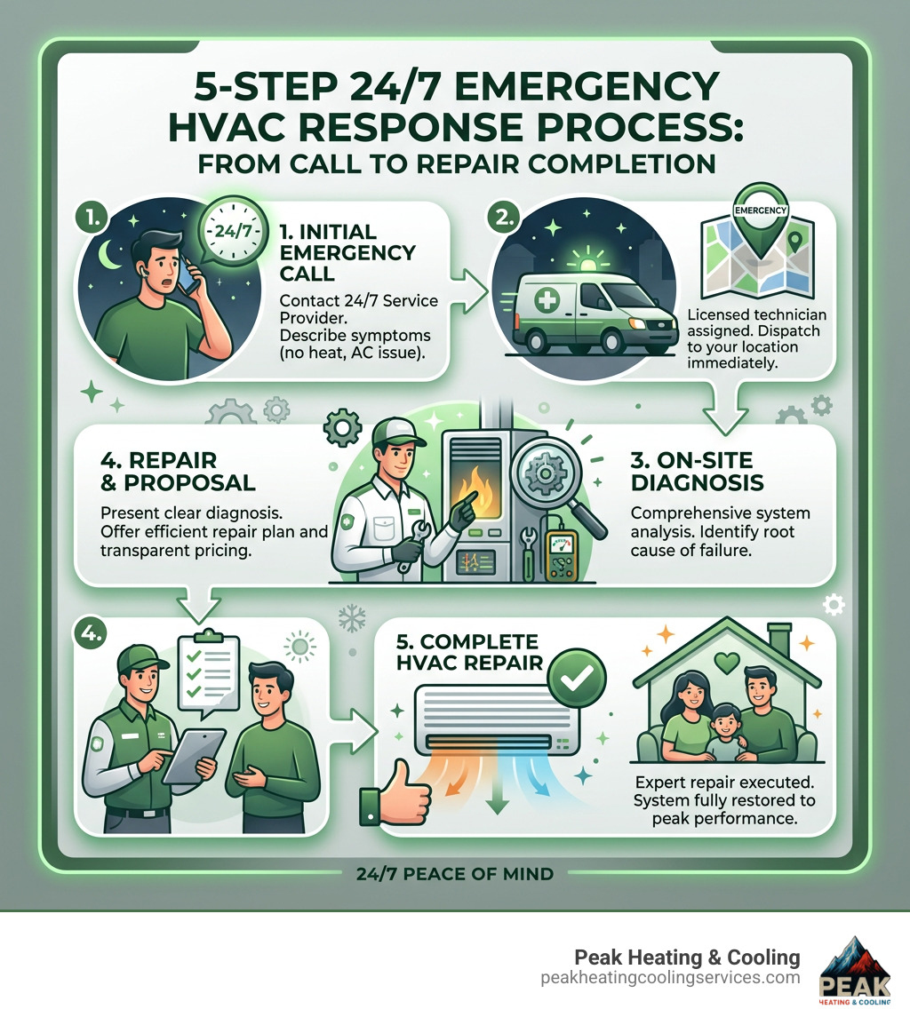 Infographic showing the 5-step 24/7 emergency HVAC response process from call to repair completion - 24 hour heating and