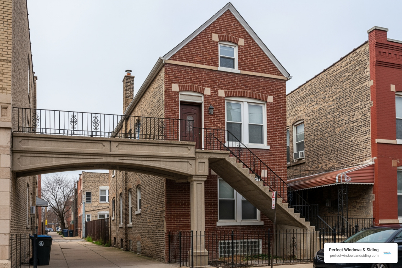 Pilsen workers cottage with an elevated concrete bridge leading to a second-floor entry door - chicago entry door second