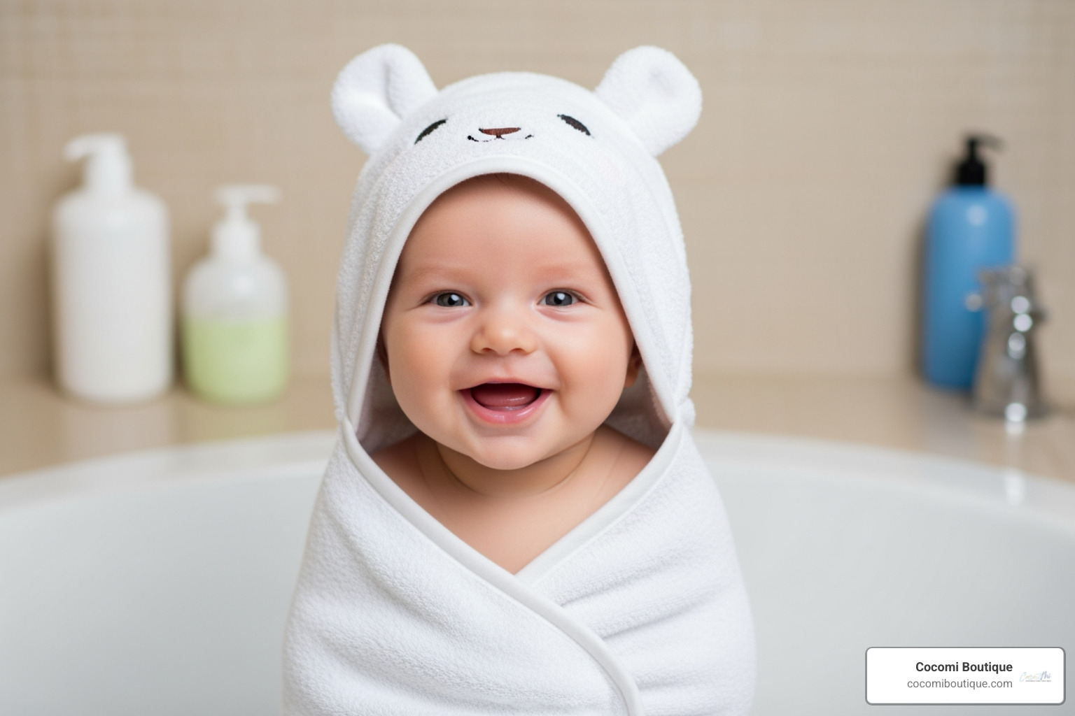 A cozy newborn wearing a hooded towel with animal ears after a bath - newborn towel set