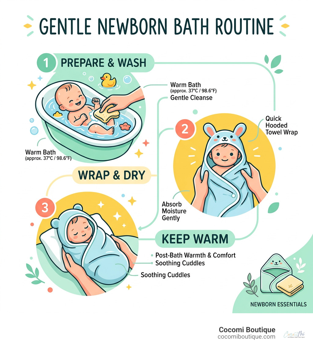 Newborn bath routine infographic showing steps from warm bath to hooded towel wrap and post-bath warmth - newborn towel set