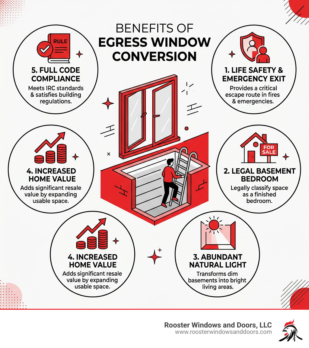 Benefits of egress window conversion: safety, legal bedroom, natural light, home value, code compliance - convert basement