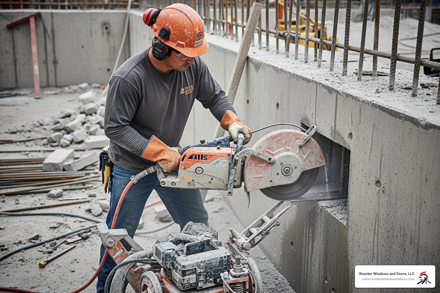 Professional technician using a diamond-blade saw to cut a precise opening in a concrete basement foundation - convert