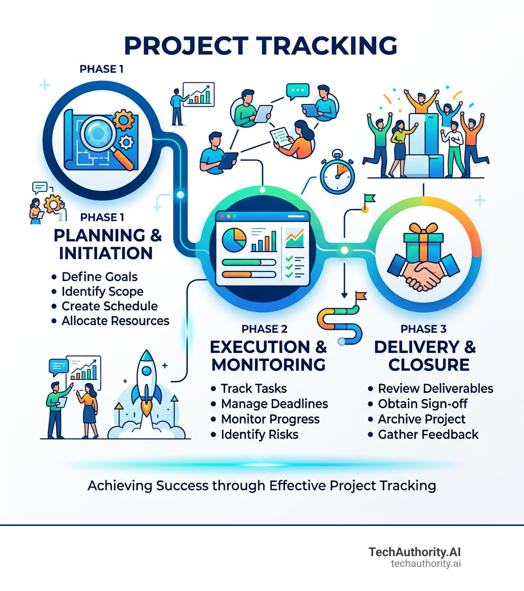 Project tracking lifecycle infographic from planning through execution to delivery - best project tracker template