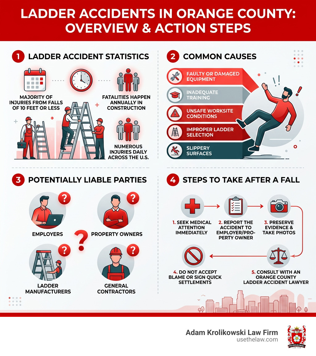 Infographic showing ladder accident statistics, common causes, liable parties, and steps to take after a fall in Orange Infographic showing ladder accident statistics, common causes, liable parties, and steps to take after a fall in Orange