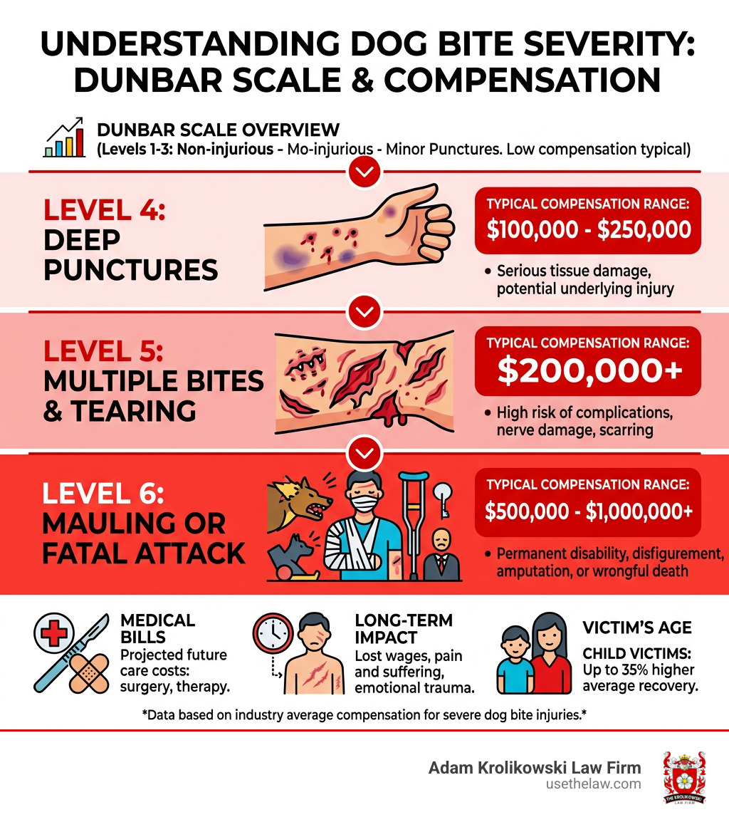 Dunbar Scale for dog bites showing severity levels and corresponding compensation ranges - severe dog bite compensation Dunbar Scale for dog bites showing severity levels and corresponding compensation ranges - severe dog bite compensation