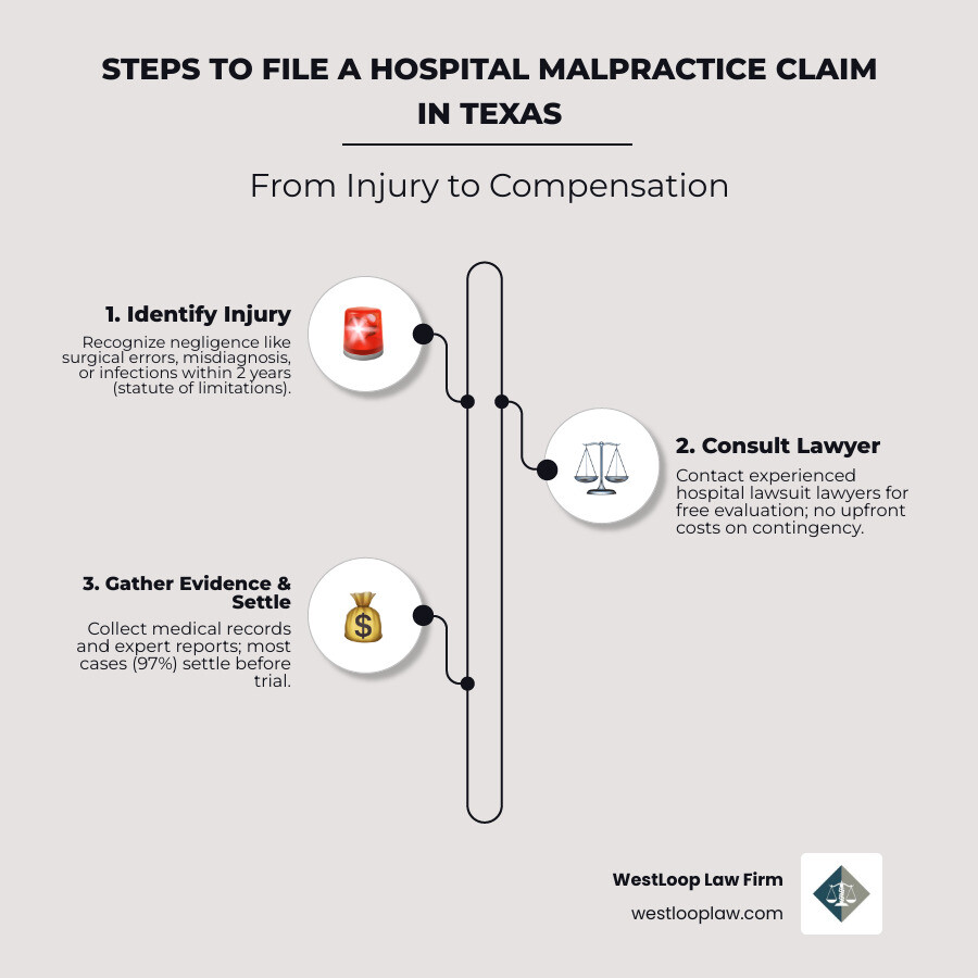 Infographic: Steps to file a hospital malpractice claim in Texas, from injury to settlement - hospital lawsuit lawyers Infographic: Steps to file a hospital malpractice claim in Texas, from injury to settlement - hospital lawsuit lawyers