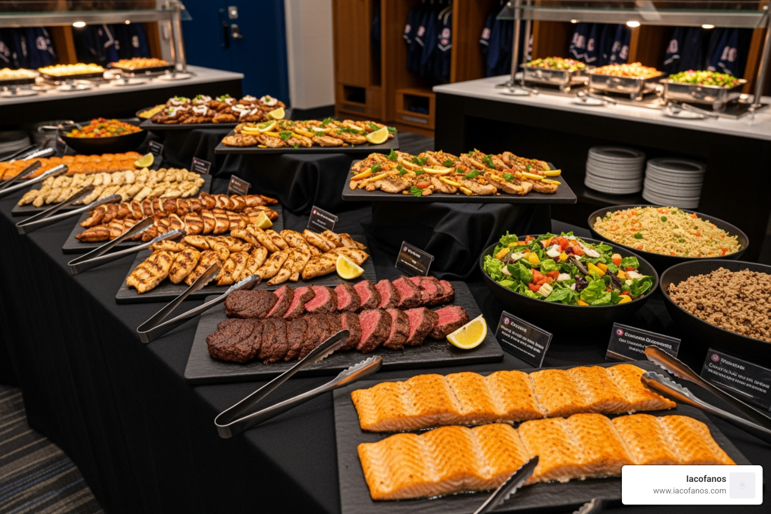 Professional clubhouse buffet setup showing variety of proteins, grains, and greens - MLB locker room catering Professional clubhouse buffet setup showing variety of proteins, grains, and greens - MLB locker room catering