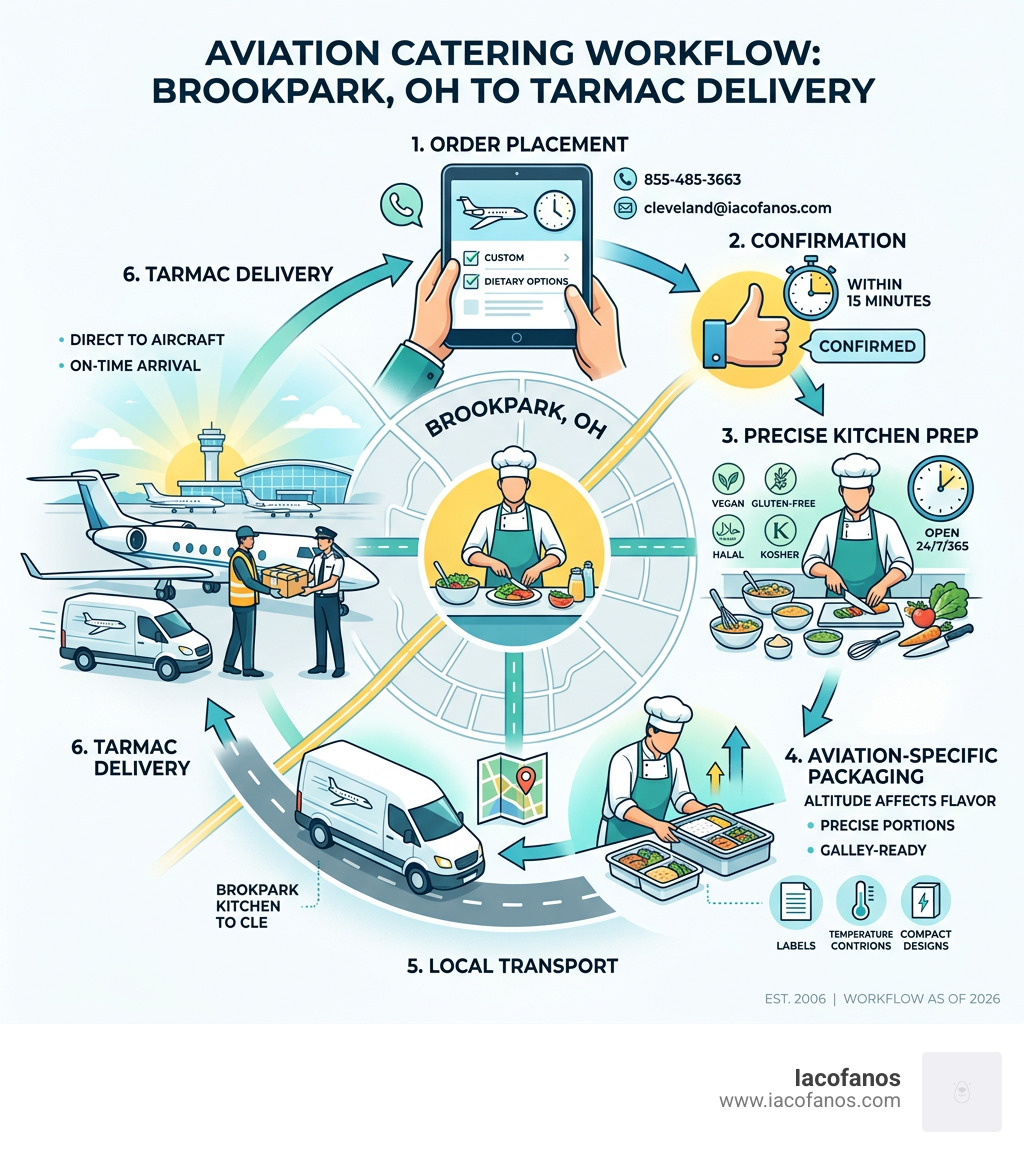 Infographic showing the aviation catering workflow from order placement to tarmac delivery in Brookpark OH - aviation