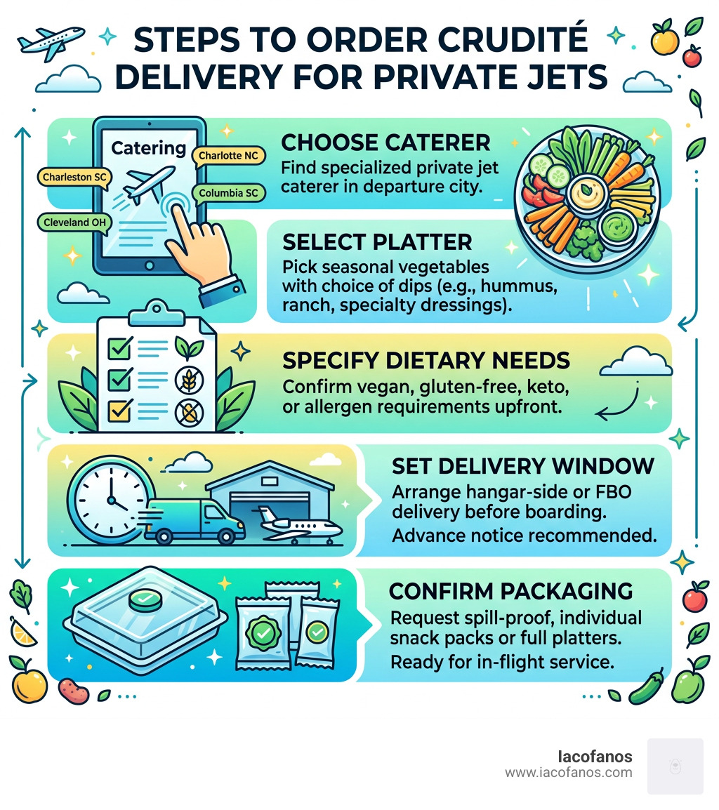 Steps to order crudité delivery for private jets from hangar to platter - crudité delivery private jets infographic Steps to order crudité delivery for private jets from hangar to platter - crudité delivery private jets infographic