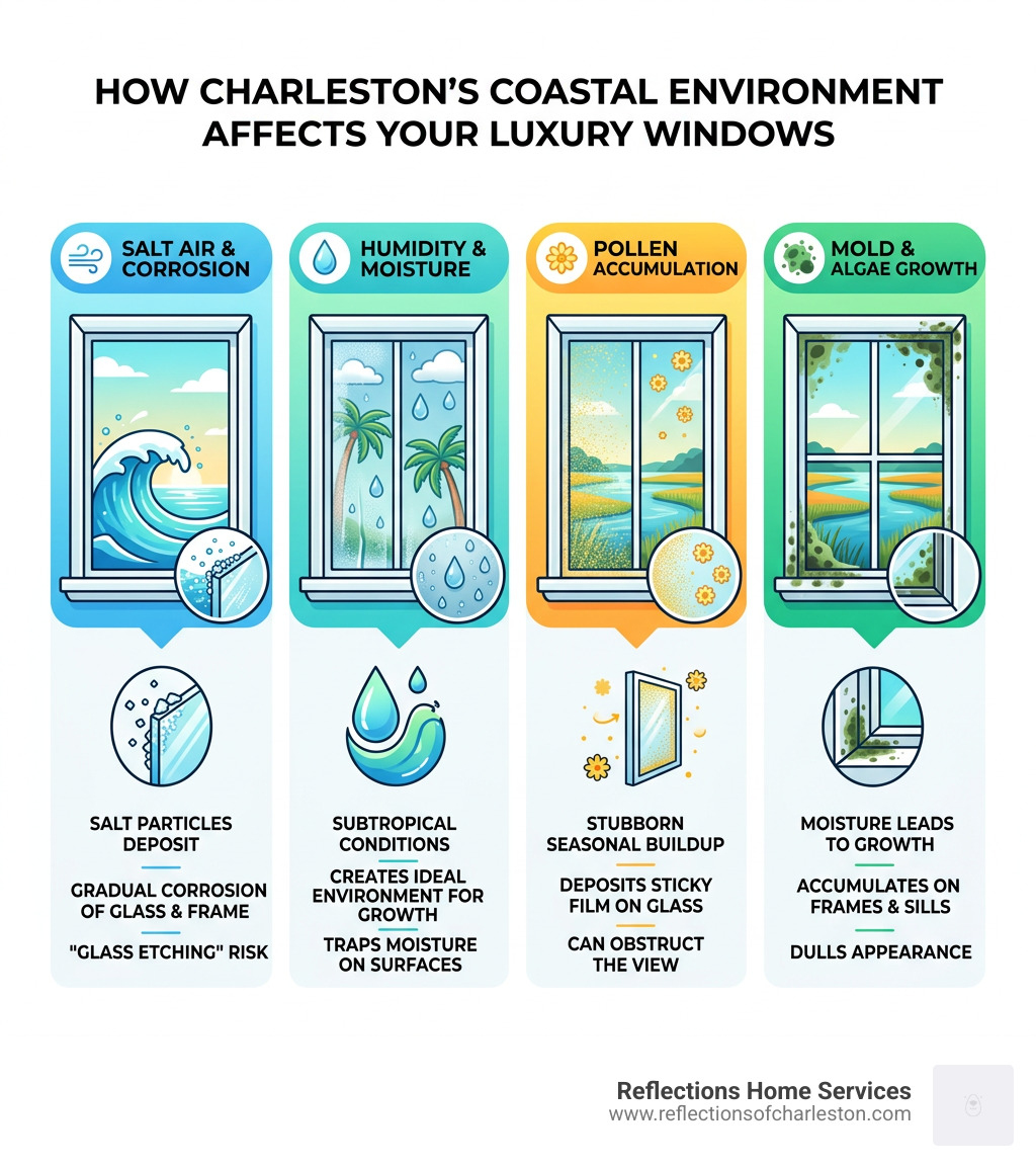 Infographic showing how salt air, humidity, pollen, and mold affect luxury home windows in Charleston SC - luxury window Infographic showing how salt air, humidity, pollen, and mold affect luxury home windows in Charleston SC - luxury window