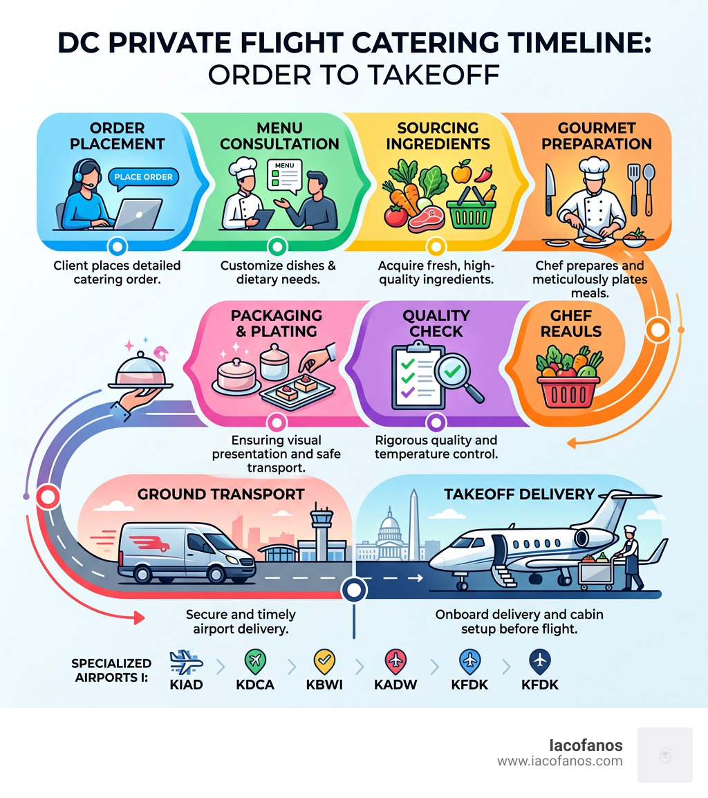 Timeline infographic: DC private flight catering from order placement to takeoff delivery - DC private flight catering Timeline infographic: DC private flight catering from order placement to takeoff delivery - DC private flight catering
