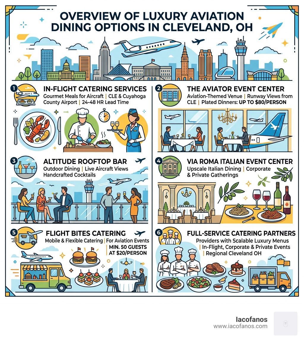 Overview infographic of luxury aviation dining options in Cleveland OH including venues, services, and pricing - luxury