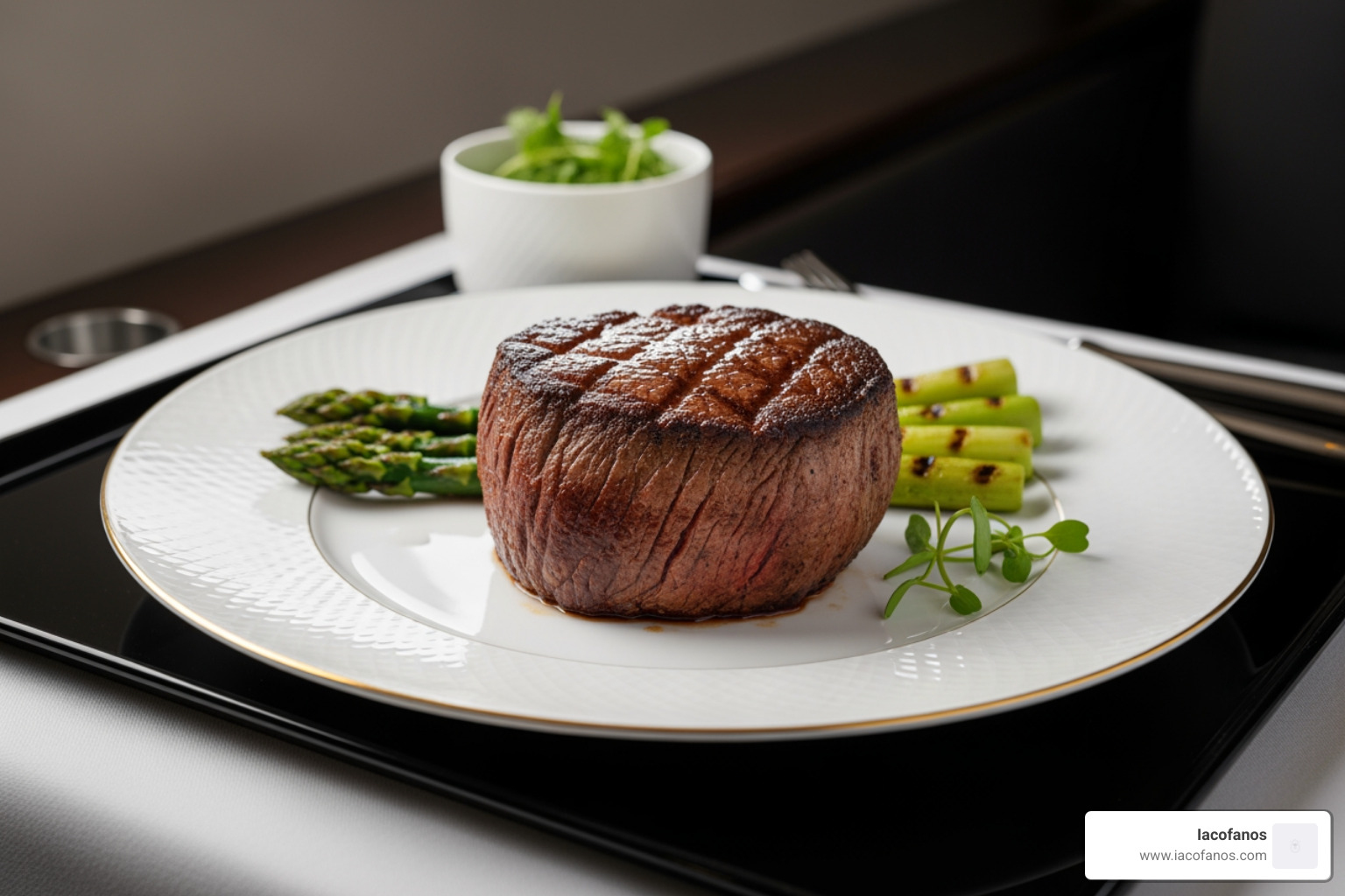 A beautifully plated Filet Mignon served with a side of asparagus, ready for an inflight meal - luxury aviation dining