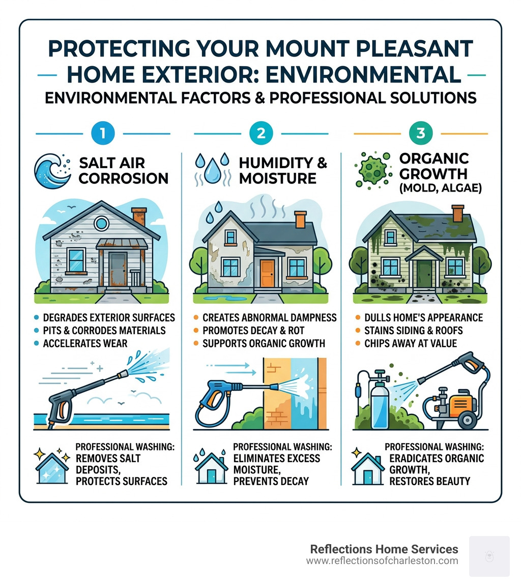 Infographic showing how salt air, humidity, and organic growth affect Mount Pleasant home exteriors and how pressure washing
