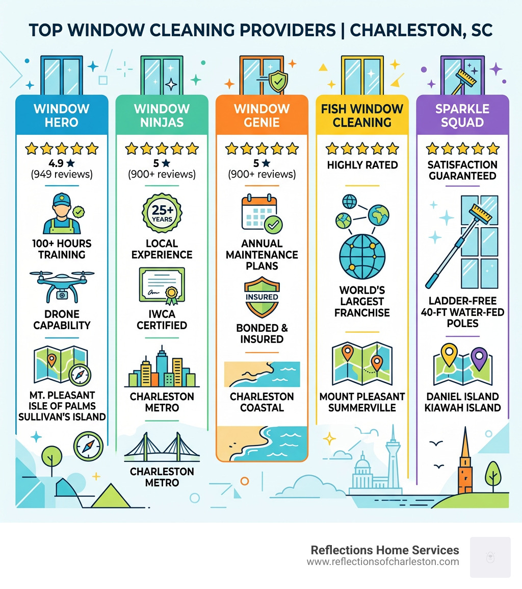 Infographic showing top window cleaning companies in Charleston SC, their ratings, methods, and service areas - window Infographic showing top window cleaning companies in Charleston SC, their ratings, methods, and service areas - window