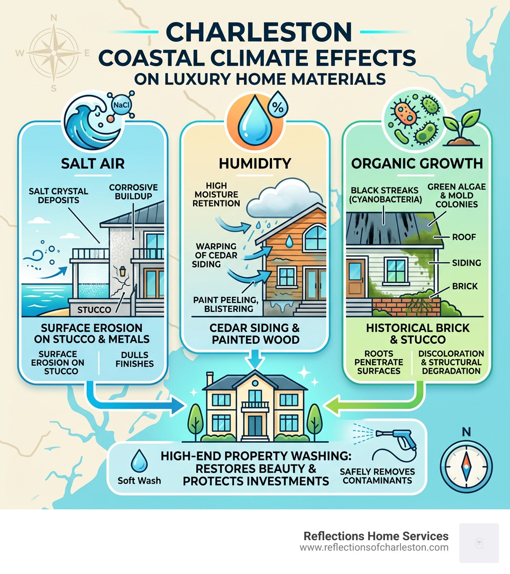 Infographic showing how salt air, humidity, and organic growth affect luxury home materials in Charleston SC - charleston