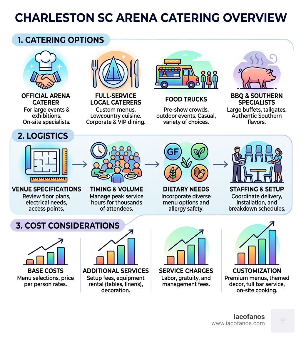 Overview infographic of arena catering options, costs, and logistics in Charleston SC - arena catering Charleston SC