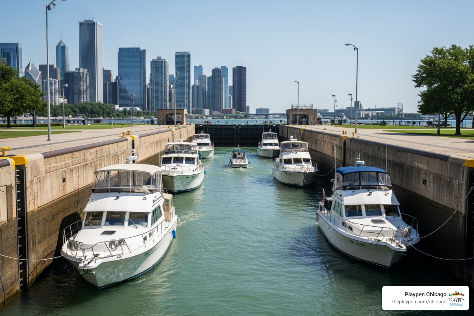 Boats secured and waiting inside the Chicago Harbor Lock during a weekend transit - navigating from chicago river to the Boats secured and waiting inside the Chicago Harbor Lock during a weekend transit - navigating from chicago river to the