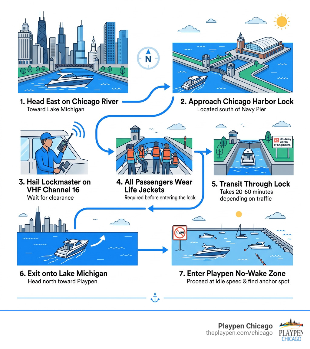Step-by-step infographic of the Chicago River to Playpen navigation route via the Chicago Harbor Lock - navigating from Step-by-step infographic of the Chicago River to Playpen navigation route via the Chicago Harbor Lock - navigating from