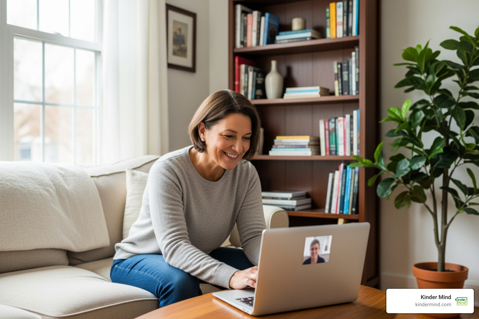 A person having a video therapy session at home in a comfortable environment - best online therapy for social anxiety A person having a video therapy session at home in a comfortable environment - best online therapy for social anxiety