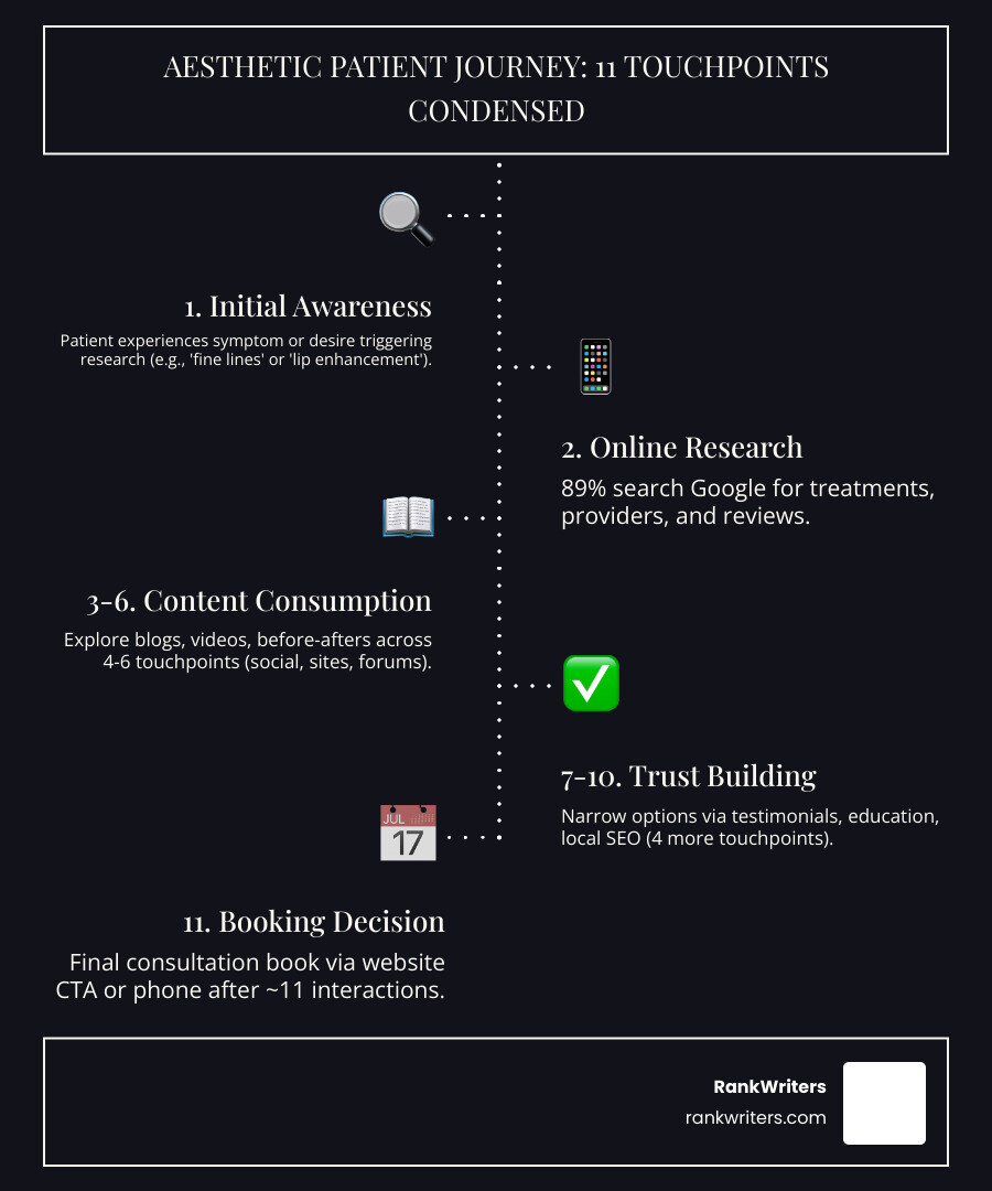 Infographic showing the 11 touchpoints of the aesthetic patient journey from awareness to booking - Aesthetic practice Infographic showing the 11 touchpoints of the aesthetic patient journey from awareness to booking - Aesthetic practice