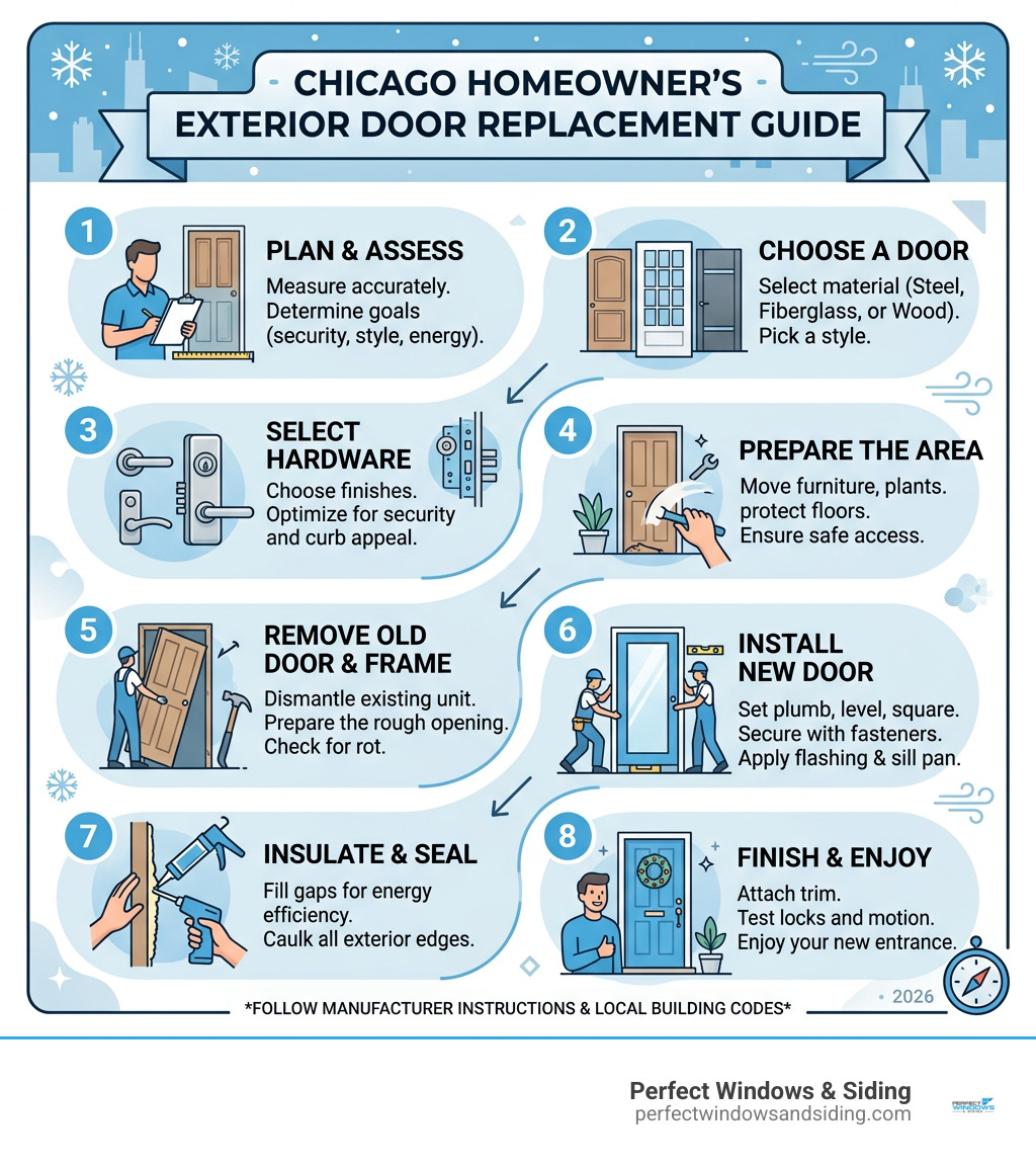 Step-by-step exterior door replacement process infographic for Chicago homeowners - exterior doors chicago infographic 