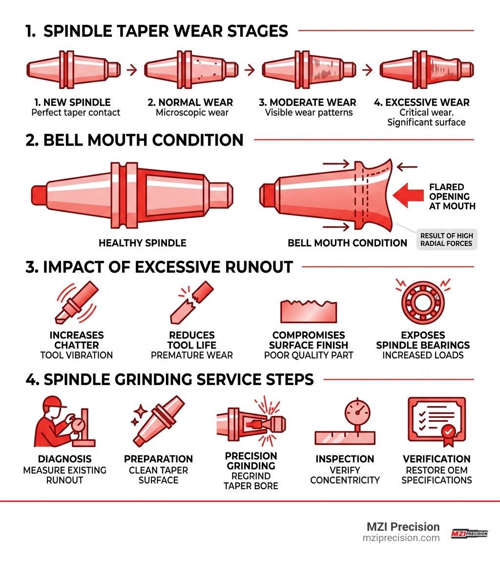 Infographic showing spindle taper wear stages, bell mouth condition, runout impact, and grinding service steps - spindle