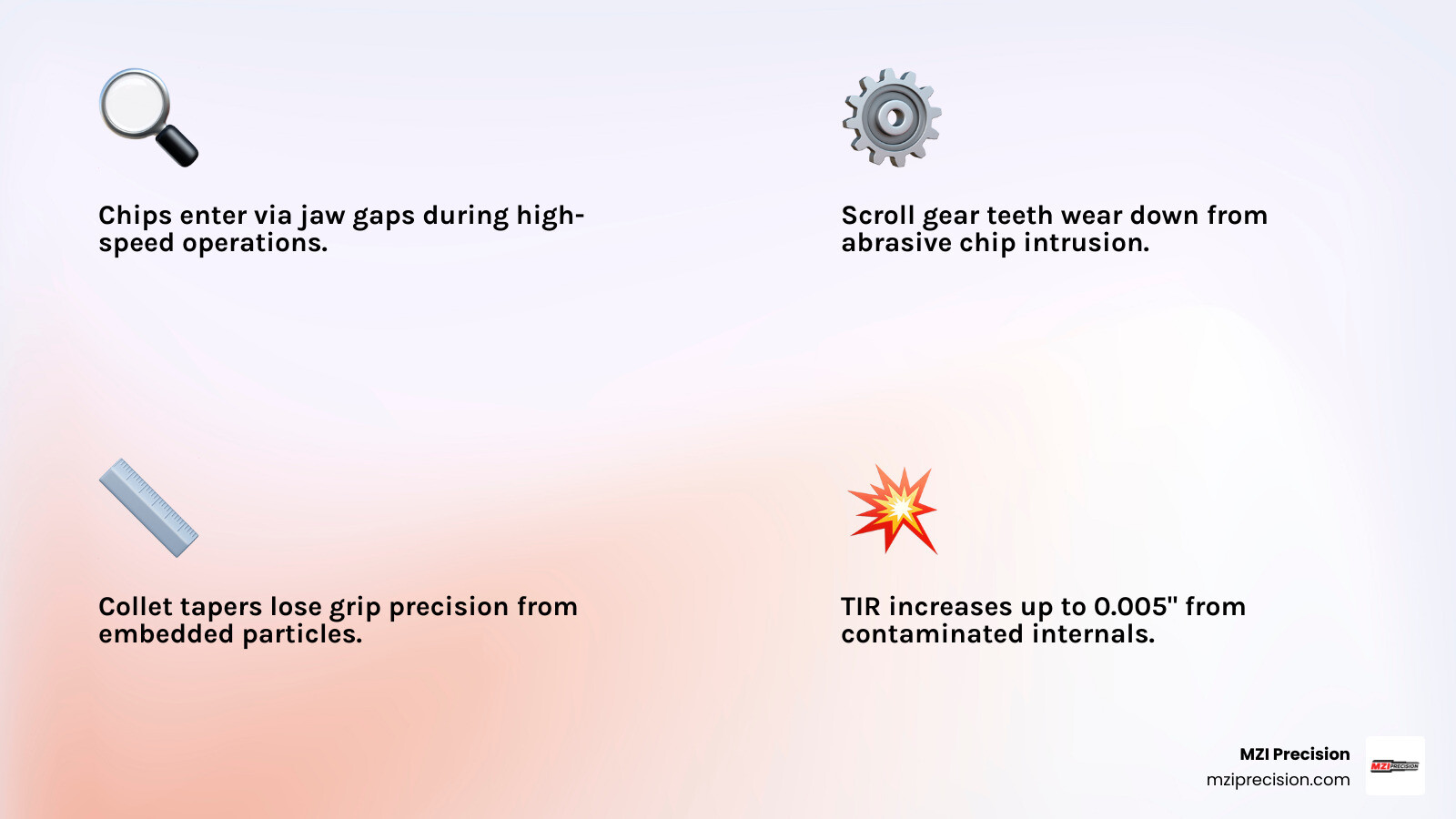 Infographic showing how metal chips migrate into spindle chuck internals and which parts are affected - Spindle chuck parts