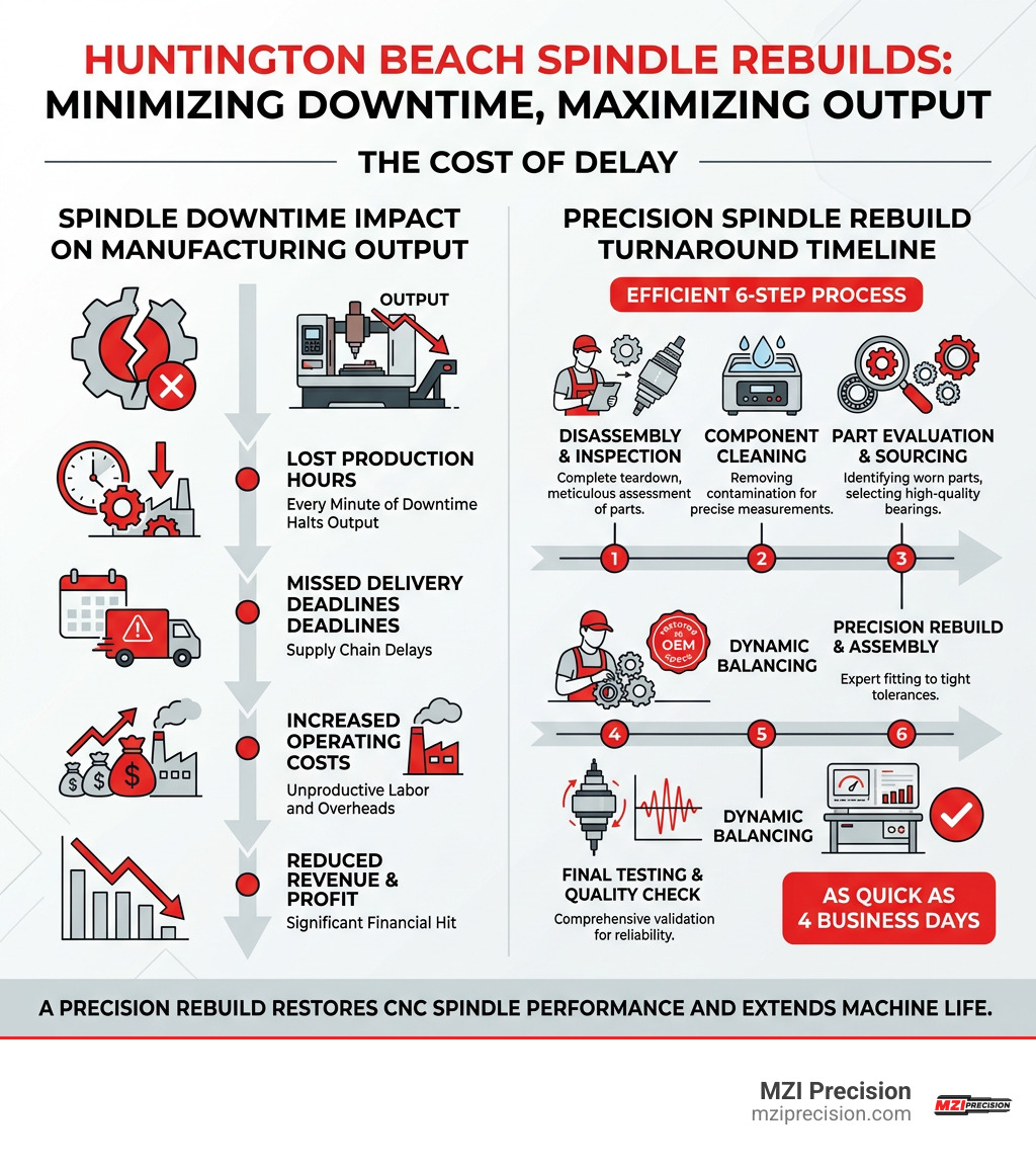 Infographic showing spindle downtime impact on manufacturing output and rebuild turnaround timeline - huntington beach Infographic showing spindle downtime impact on manufacturing output and rebuild turnaround timeline - huntington beach