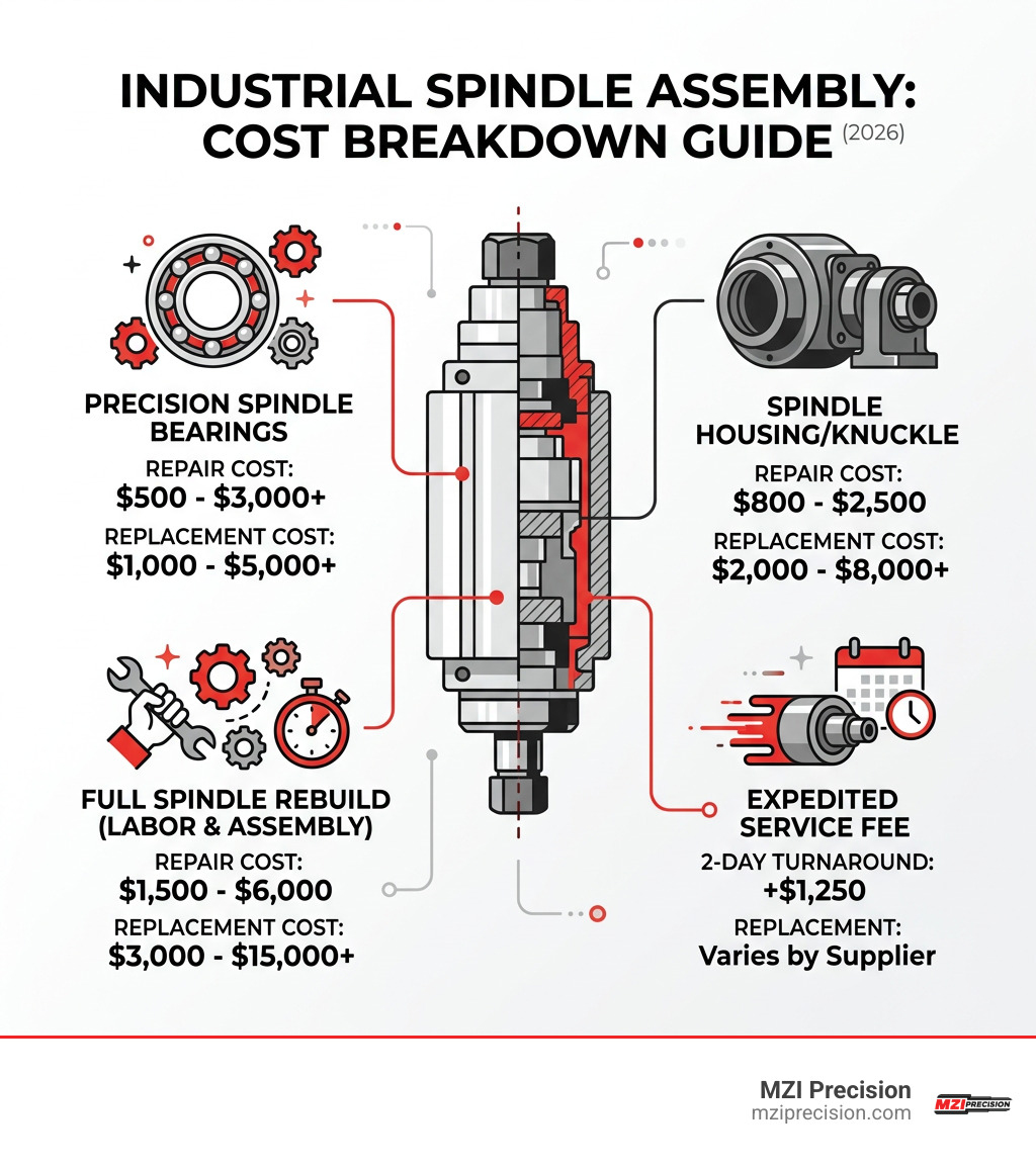 Infographic showing industrial spindle assembly cost breakdown: bearings, housing, labor, and expedited service ranges Infographic showing industrial spindle assembly cost breakdown: bearings, housing, labor, and expedited service ranges