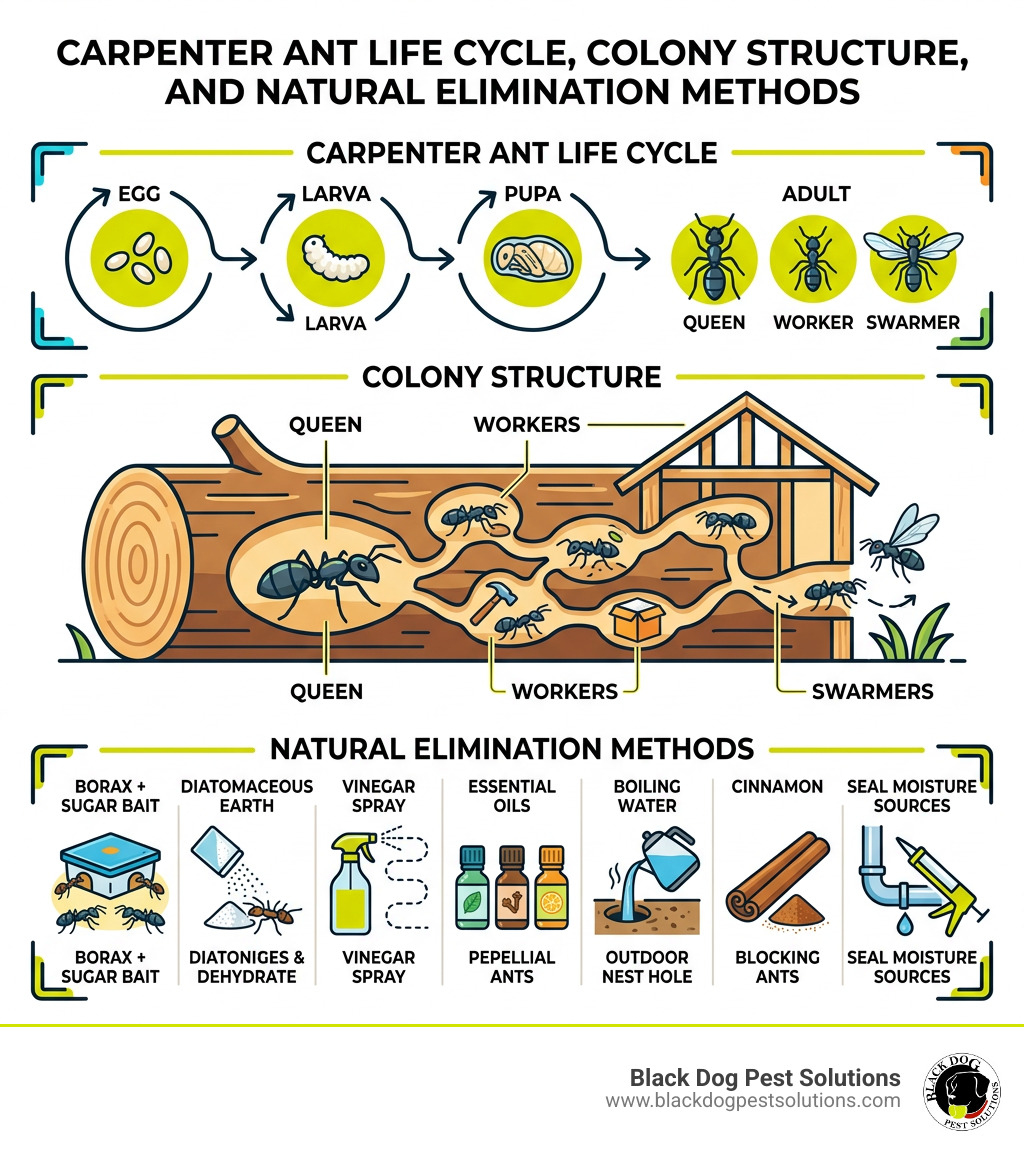 Carpenter ant life cycle, colony structure, and natural elimination methods infographic - how to get rid of carpenter ants Carpenter ant life cycle, colony structure, and natural elimination methods infographic - how to get rid of carpenter ants