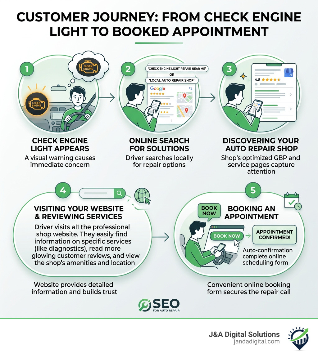 Customer journey from check engine light to booked appointment infographic - SEO for auto repair infographic Customer journey from check engine light to booked appointment infographic - SEO for auto repair infographic