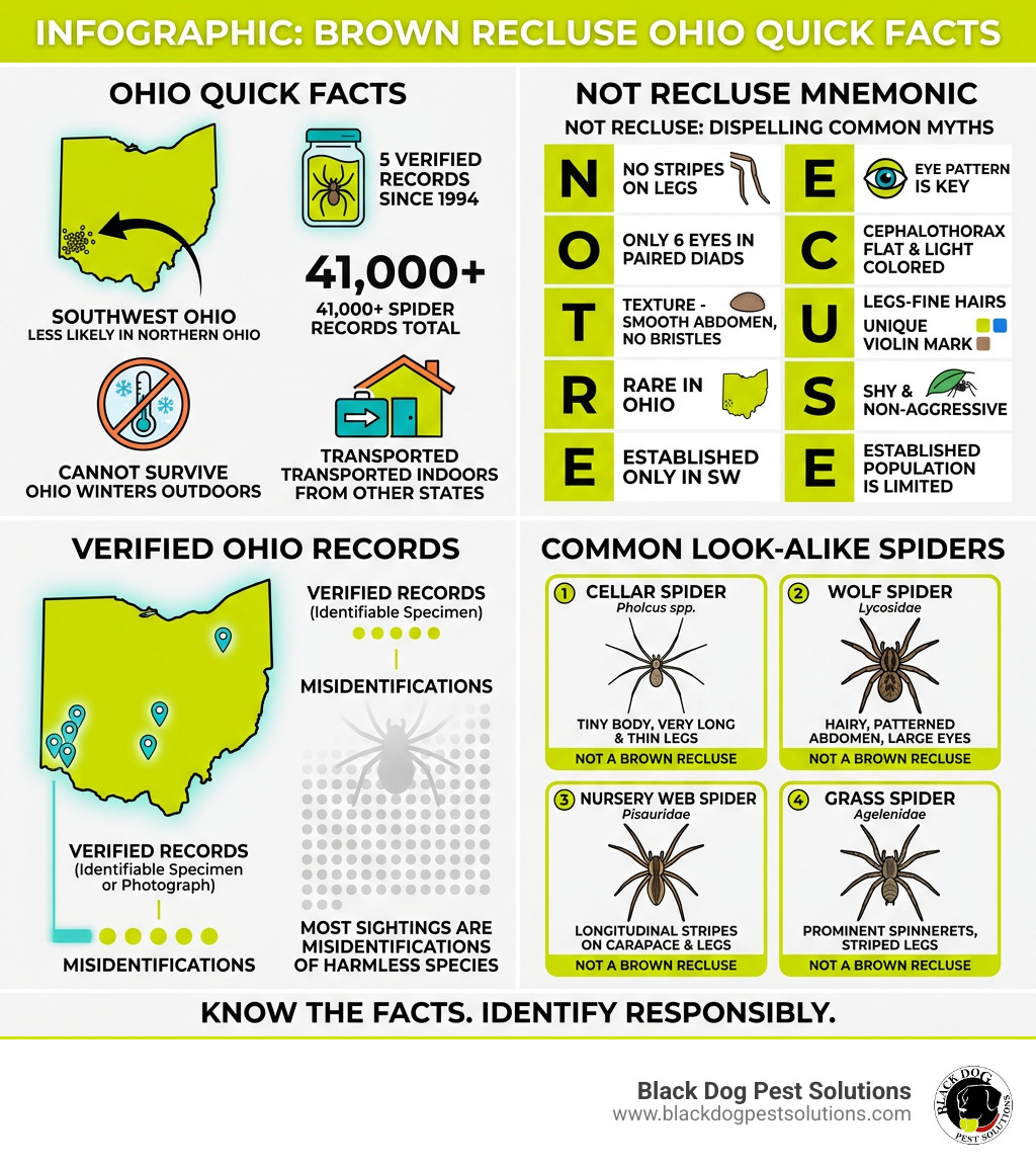 Infographic: Brown Recluse Ohio quick facts, NOT RECLUSE mnemonic, verified records, and look-alike spiders - Brown recluse Infographic: Brown Recluse Ohio quick facts, NOT RECLUSE mnemonic, verified records, and look-alike spiders - Brown recluse