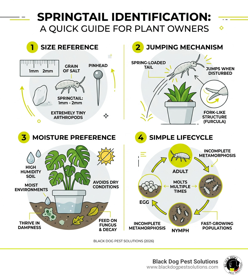 Springtail identification infographic showing size, jumping mechanism, moisture preference, and lifecycle stages Springtail identification infographic showing size, jumping mechanism, moisture preference, and lifecycle stages