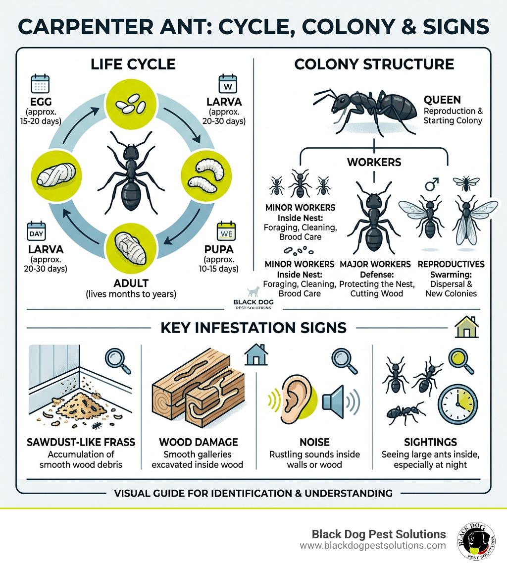 Carpenter ant life cycle, colony structure, and key infestation signs explained - how to get rid of carpenter ants Carpenter ant life cycle, colony structure, and key infestation signs explained - how to get rid of carpenter ants