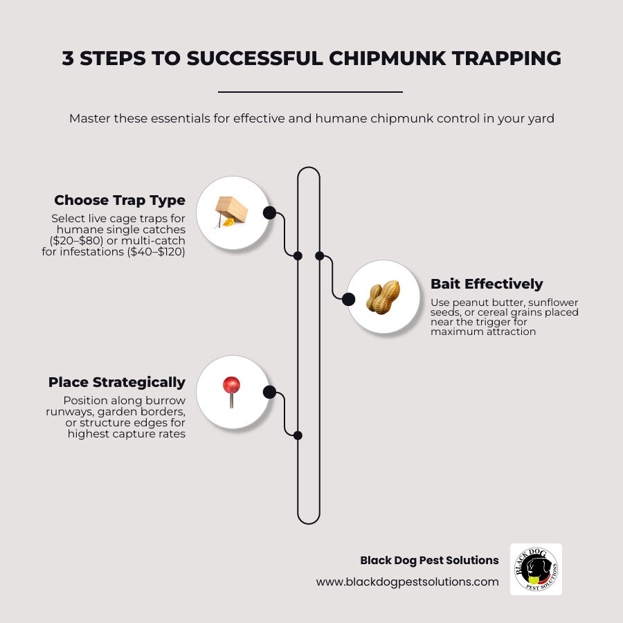 Infographic showing chipmunk trap types, bait options, and step-by-step capture process - chipmunk traps infographic Infographic showing chipmunk trap types, bait options, and step-by-step capture process - chipmunk traps infographic