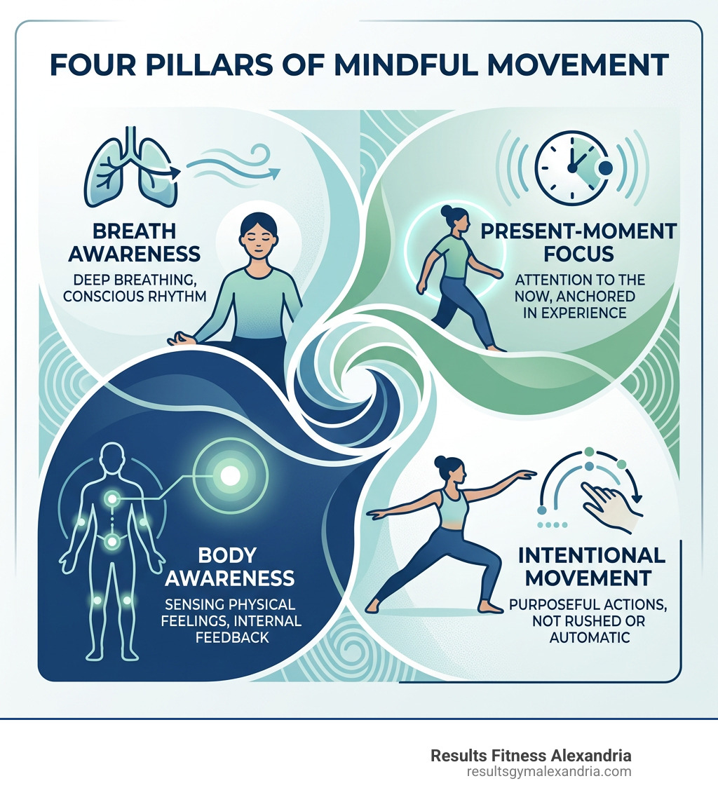 Infographic showing the four pillars of mindful movement: breath awareness, present-moment focus, intentional movement, and