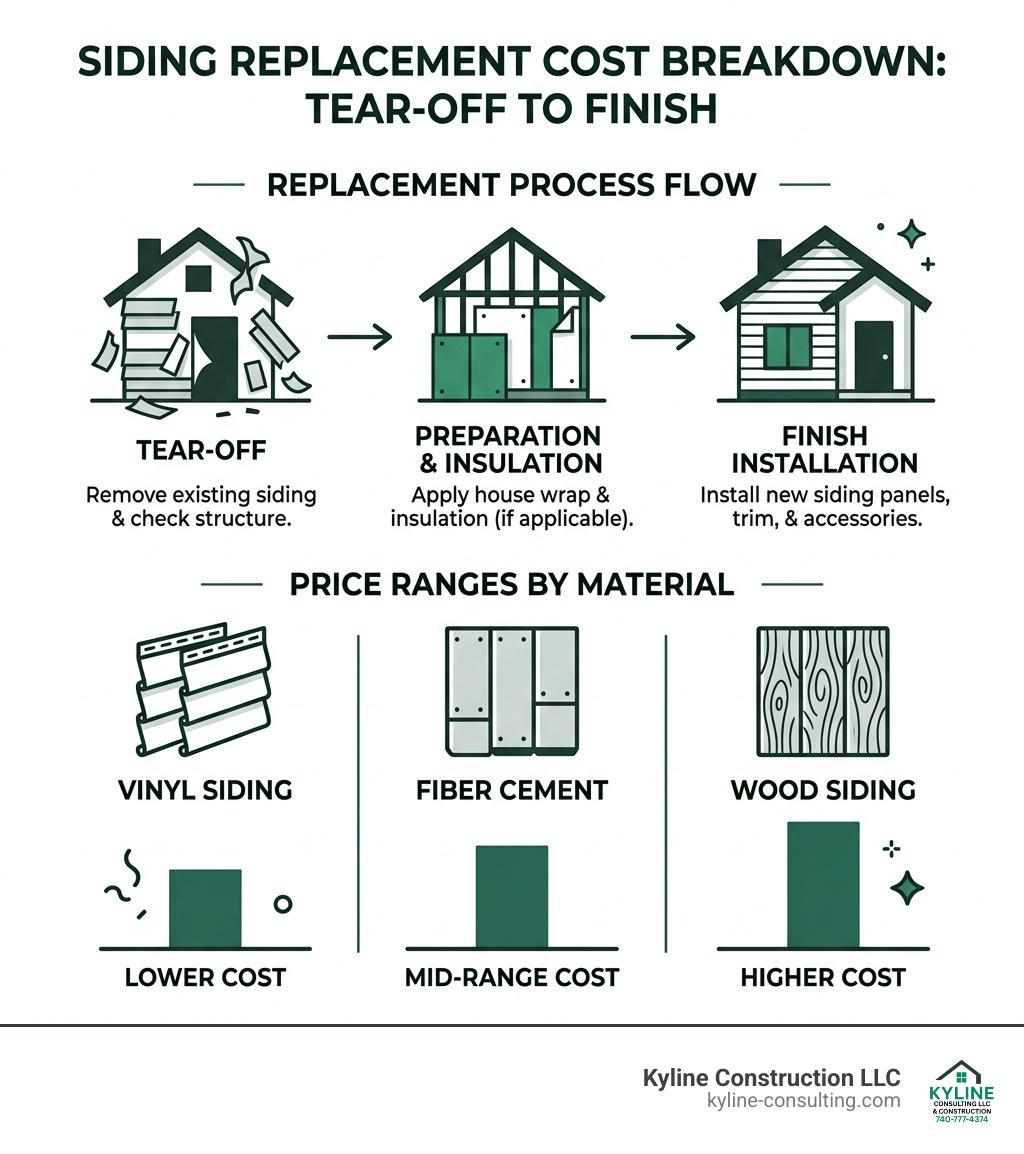 Siding replacement cost breakdown infographic from tear-off to finish with price ranges by material - cost to redo siding