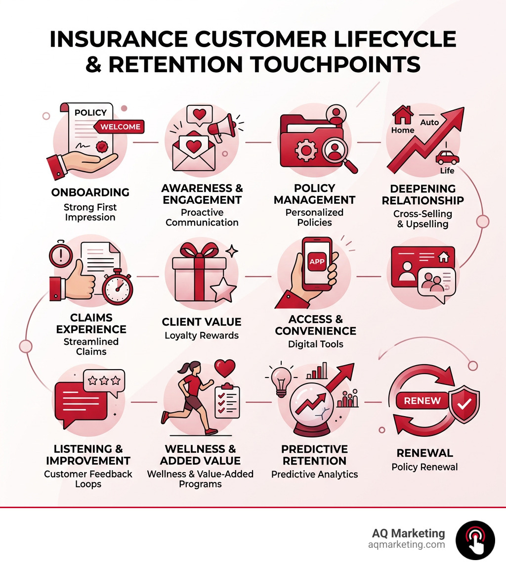 Infographic showing the insurance customer lifecycle and key retention touchpoints from onboarding to renewal - insurance Infographic showing the insurance customer lifecycle and key retention touchpoints from onboarding to renewal - insurance