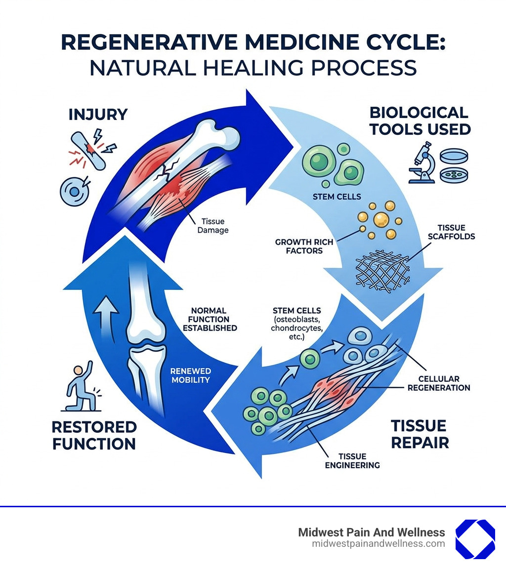 Infographic showing the regenerative medicine cycle: injury, biological tools used, tissue repair, restored function - What Infographic showing the regenerative medicine cycle: injury, biological tools used, tissue repair, restored function - What